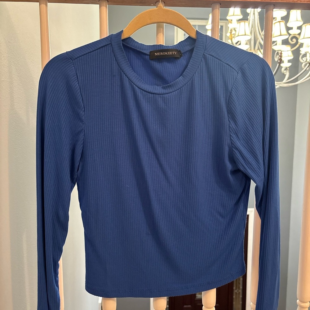 Women's Blue Ribbed Top - Picture 2 of 3